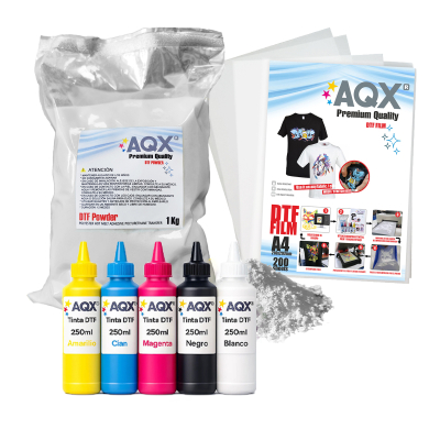 Combo DTF: Tinta 1250ml + 1Kg Polvo DTF + 200 Film A4 Matte